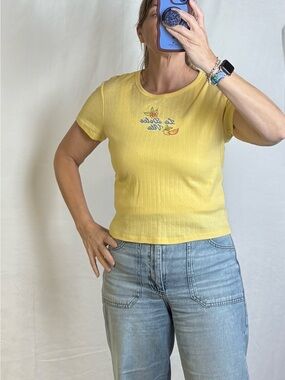 Yellow Ribbed Short Sleeve Tee with Citrus Embroidery